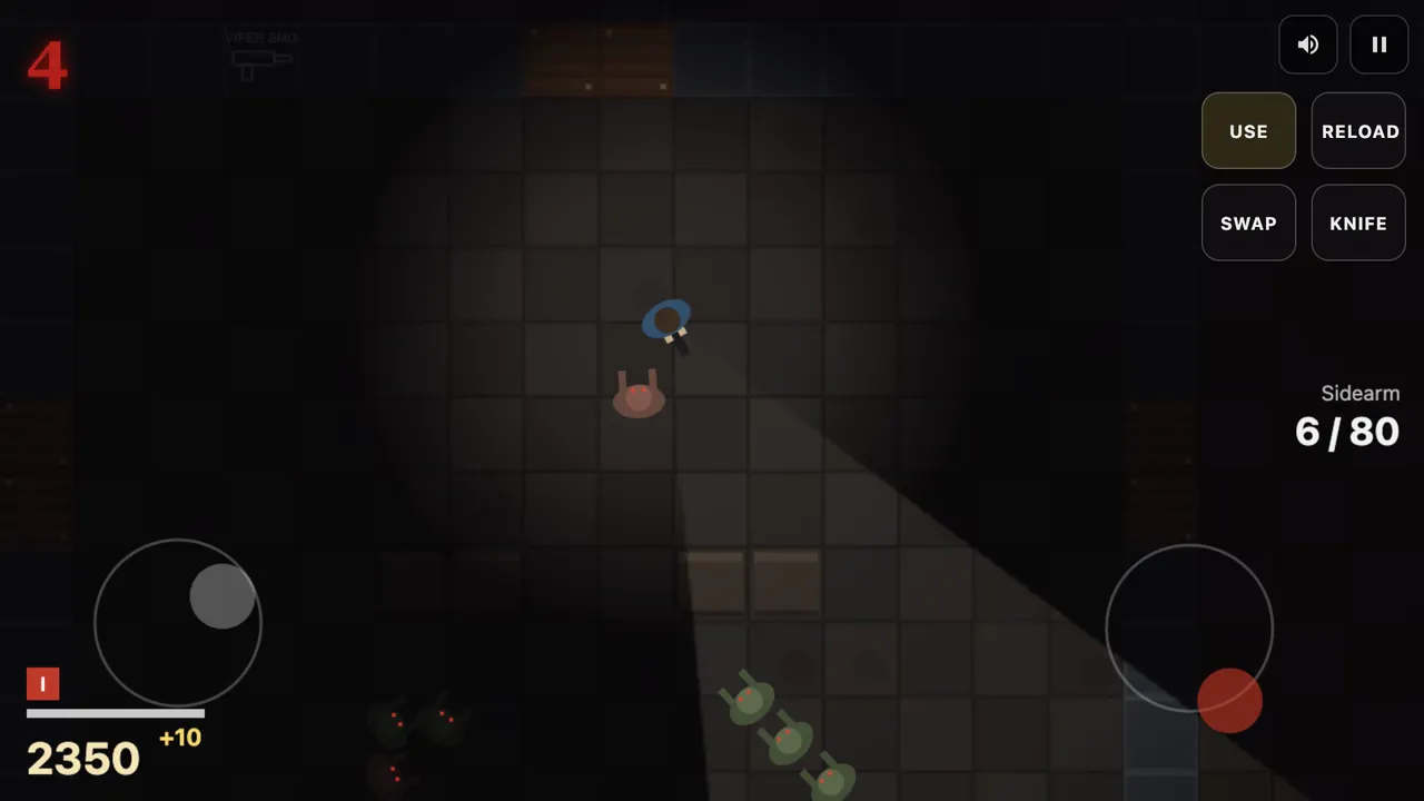Undead Rounds on a phone with touch controls: move stick, aim stick and action buttons